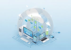Cloud computing concept illustration displaying a desktop, laptop, tablet, and