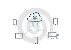Concept illustration showing a cloud icon with a gear symbol in the