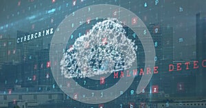 Cloud computing concept image over cityscape with binary code and numbers