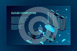 Cloud computing concept isometric vector illustration. Isometric cloud technology with datacenter. Server  desktop computer