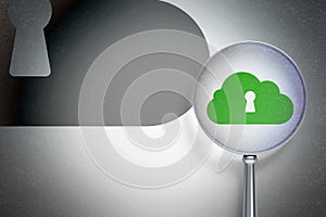 Cloud computing concept: Cloud With Keyhole with optical glass on digital background