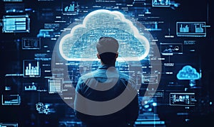 Cloud computing concept with man analyzing data visualizations and analytics