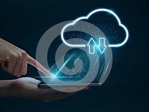 Cloud computing concept, Man hand using smartphone connect to cloud for transfer data.