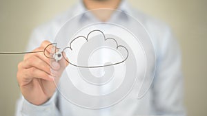 Cloud Computing Concept, Man writing on transparent screen