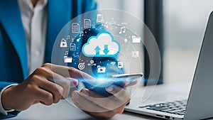 Cloud computing concept with mobile phone background