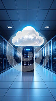 Cloud computing concept in a modern data center aisle with glowing server racks
