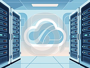 Cloud Computing Concept in Modern Data Center â Server Room Vector Illustration