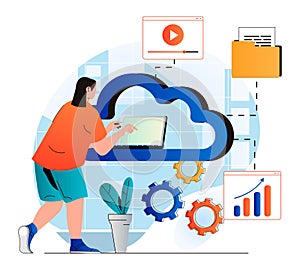 Cloud computing concept in modern flat design. Woman works at laptop and uses cloud technologies to store and process data. Server