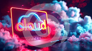 Cloud Computing Concept with Neon Laptop. Generative ai