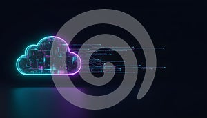 Cloud computing concept with neon-lit cloud and data streams