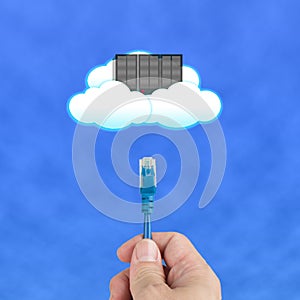 Cloud computing concept, officeman hold cable connect to server