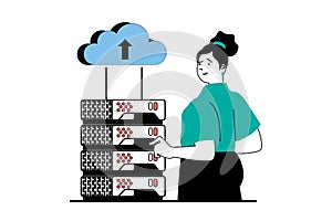 Cloud computing concept with people scene in flat web design. Vector illustration