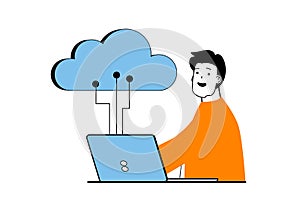 Cloud computing concept with people scene in flat web design. Vector illustration