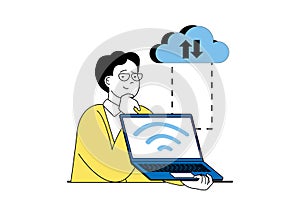 Cloud computing concept with people scene in flat web design. Vector illustration