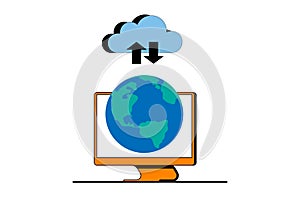 Cloud computing concept with people scene in flat web design. Vector illustration