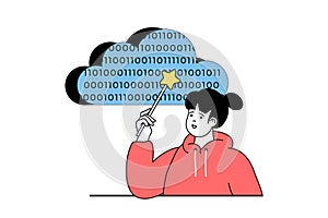 Cloud computing concept with people scene in flat web design. Vector illustration