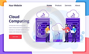 Cloud Computing concept, People working on laptop and server, Digital storage, data center. Modern flat landing page design for