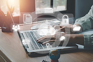 Cloud computing concept, Person hand using laptop computer with cloud computing icon