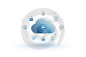 Cloud computing concept with play button and various security icons around it