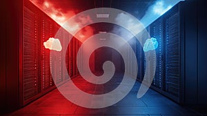 Cloud computing concept with red and blue elements in a modern data center