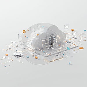 Cloud computing concept represented through a 3D illustration. A large, white cloud