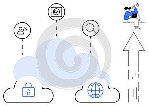 Cloud Computing Concept with Security, Networking, Media, and Search Elements in Modern Digital Connectivity