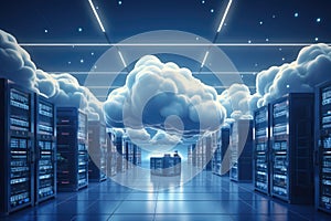Cloud computing concept with servers in data center 3D rendering toned image, Backup cloud data service center. 3D rendering, AI