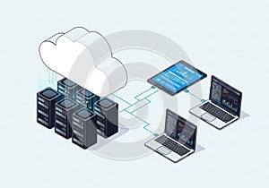 Cloud computing concept with servers and laptops connected via a tablet