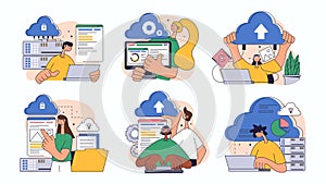 Cloud computing concept set for web design. Collection with people processing online, making sync, sharing files, using database