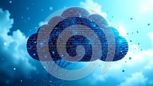Digital cloud computing concept with binary code floating in a bright blue sky background