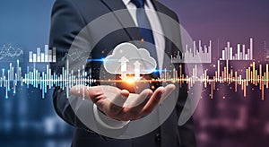 Professional Hand Holding Cloud Computing Data with Digital Graphs