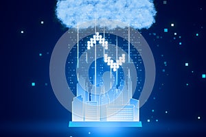 Cloud computing concept. Smart city wireless internet communication with cloud storage, cloud services. Download, upload data on