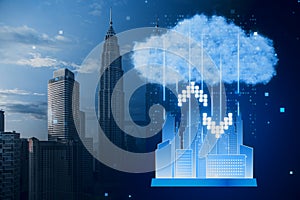 Cloud computing concept. Smart city wireless internet communication with cloud storage, cloud services. Download, upload data on