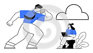 Cloud Computing Concept with People Using Technology and Cloud Storage Symbol