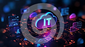 Cloud computing concept with IT symbols floating on a digital interface
