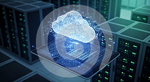 Cloud Computing Concept: Tablet, Cloud, Server Room. Digital Data