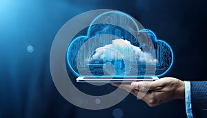 Cloud computing concept on tablet and smartphone in businessman's hand