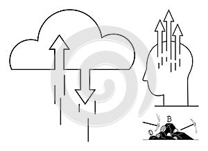 Cloud Computing and Human Mind Concept with Data Transfer and Brain Illustration
