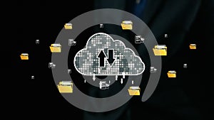 Cloud Computing Concept with Upload Download Arrows and File Folders Representing Digital Data Storage and Management in