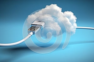 Cloud computing concept with USB cable on blue background