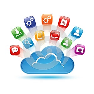 Cloud Computing Concept with Various App Icons Radiating from a Blue Cloud on White Background