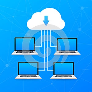 Cloud computing concept. Various devices like Smartphone, Laptop are connected to Cloud. Vector illustration