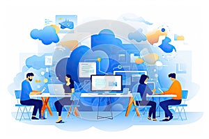 Cloud computing concept. Vector illustration of people working on cloud computing, Group of developers working in office, abstract