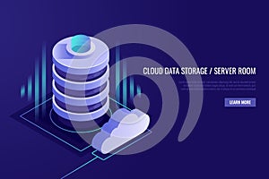 Cloud computing concept. .Web hosting and cloud technology.Data protection,database security.Isometric style photo