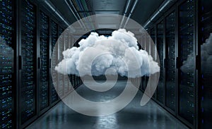 Cloud Computing Concept: White Cloud Floating in a Modern Server Room