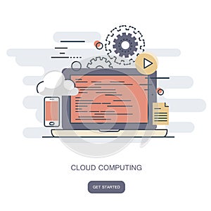 Cloud computing concept. Work desk with computer technology, cell phones and tablets. Flat vector