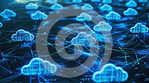 Cloud computing connecting digital clouds with futuristic lines of data flow