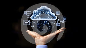 Cloud Computing and Connectivity Network Technology Holding Digital Information Security System Server and Online Data by Hand