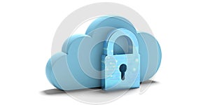 Cloud computing security. Blue cloud and padlock isolated on white background. 3d illustration