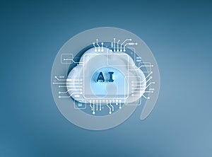 Cloud computing with 3d AI letters and circuit board graphics. Concept of artificial intelligence, cloud technology, big data